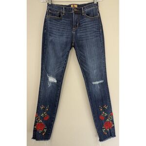 Driftwood Jackie Jeans Women's 26‎ Floral Rose Embroidered Stretch Blue Denim